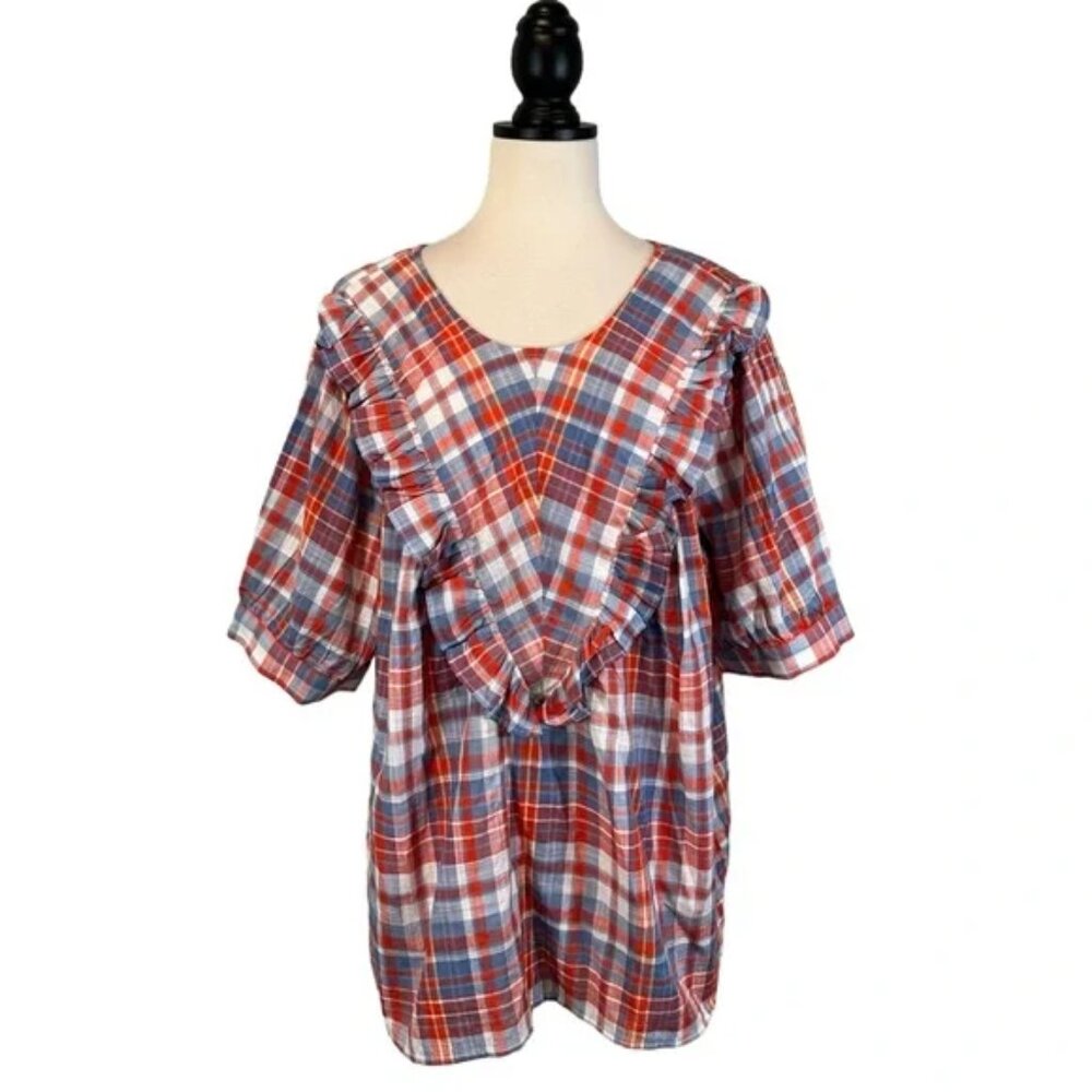 Terra & Sky Plaid Blouse Cottagecore Red Blue Ruffle Front Puff Sleeve, Size 0X